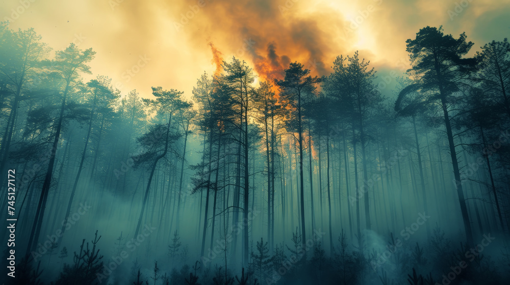 Wild forest fire. Burned trees after forest fires, lots of smoke. Natural disasters concept. Generative AI