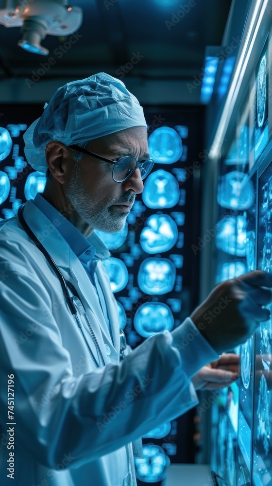 A man in a white lab coat is focused on analyzing data on a computer screen in a medical office, possibly planning neurosurgery. A man in a white lab coat is focused on analyzing data on a computer screen in a medical office, possibly planning neurosurgery.