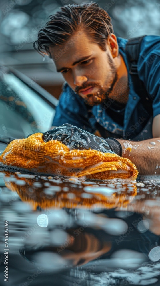 A man is actively cleaning a car using a yellow microfiber cloth. A man is actively cleaning a car using a yellow microfiber cloth.