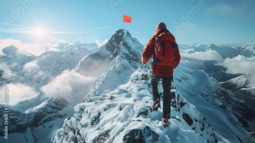 A man standing triumphantly on top of a snow-covered mountain, with a flag in the distance. He appears determined and accomplished.