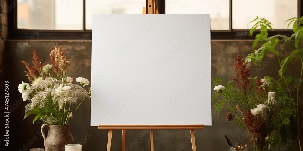 blank white mockup of a white canvas on an easel as a welcome sign at a wedding with many plants flowers view - obrazy, fototapety, plakaty 
