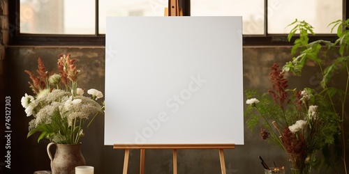 blank white mockup of a white canvas on an easel as a welcome sign at a wedding with many plants flowers view