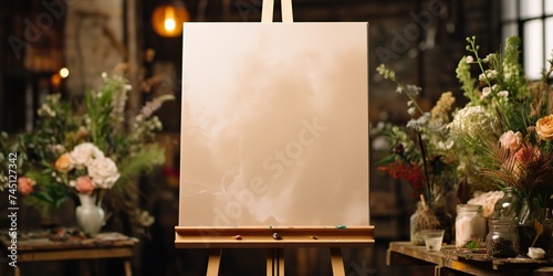 blank white mockup of a white canvas on an easel as a welcome sign at a wedding with many plants flowers view