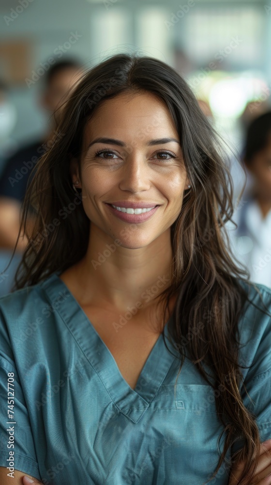 Fototapeta premium A female nurse in scrubs standing confidently with a smile on her face, arms crossed.