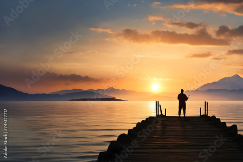 Silhouette of man fishing on the pier on the sunset © Di Studio