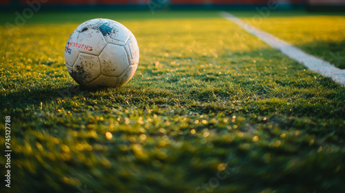 A soccer or football match. White ball on the green grass field 
