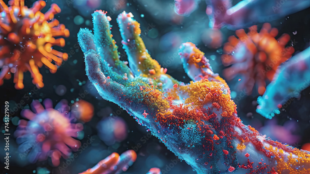 Cartoon microbe on the surface of human hand, Hygiene concept Cartoon microbe on the surface of human hand, Hygiene concept