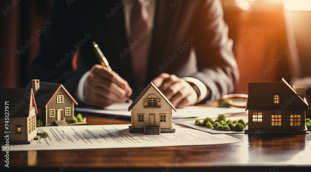 real estate, architectes house buying, mortgage credit documents contract signing - advertising asset illustration - obrazy, fototapety, plakaty 