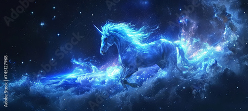 A unicorn is a mythical creature that symbolizes virtue, starry space background