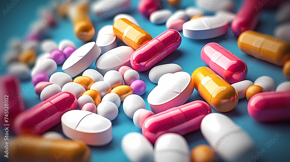Health essentials, close-up of pills and capsules Health essentials, close-up of pills and capsules