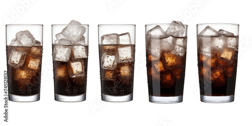 Collection of glass of brown soda isolated on a white background as transparent PNG