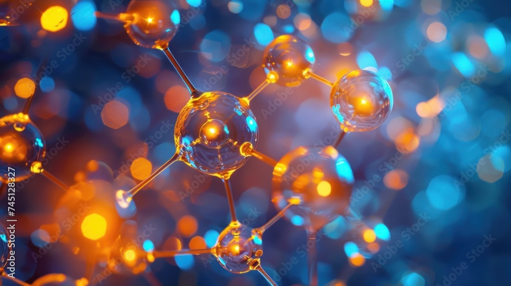 Closeup of blue and yellow bubbles in a scientific molecular structure background. Closeup of blue and yellow bubbles in a scientific molecular structure background.