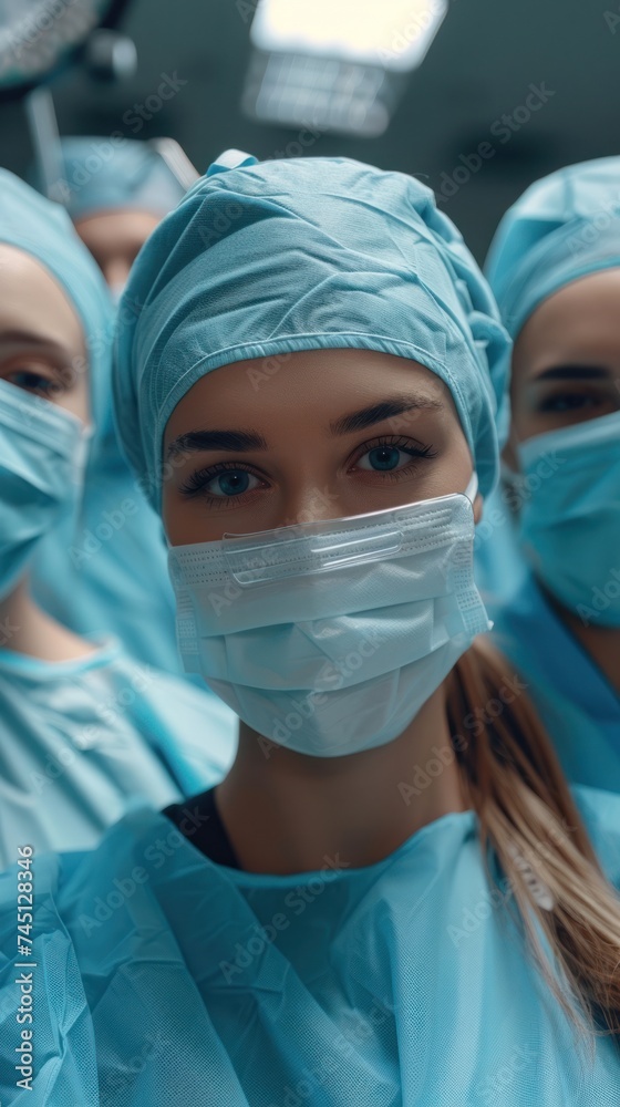 A group of doctors in scrubs and masks working in a surgical operating room. A group of doctors in scrubs and masks working in a surgical operating room.