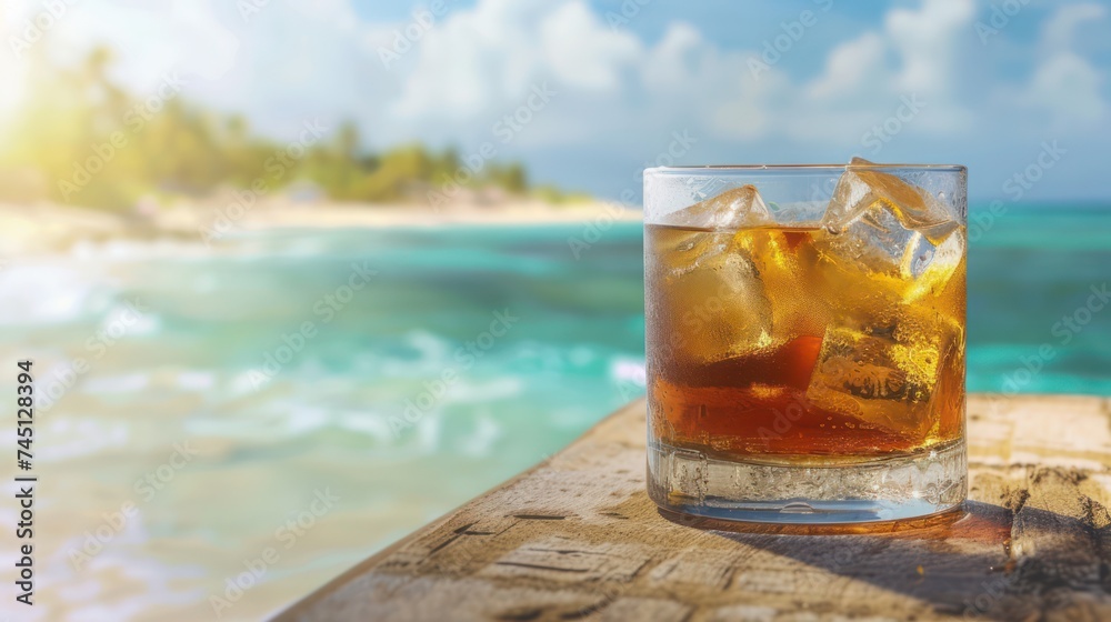 Glass of Cocktail Background of Beautiful Beach Glass of Cocktail Background of Beautiful Beach