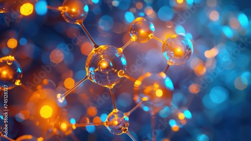 Closeup of blue and yellow bubbles in a scientific molecular structure background. photo