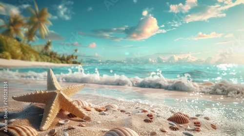 A starfish rests on a sandy beach near the ocean, under a sunny sky. The backdrop of the sea complements the summer theme, ideal for a vacation concept.