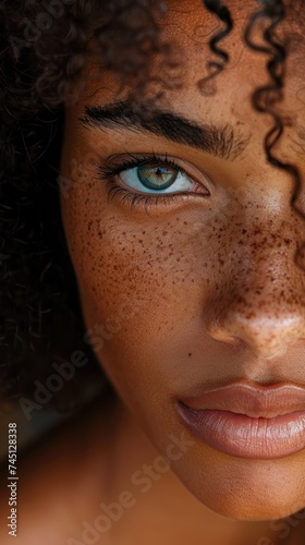Detailed view of an Afro-American womans face displaying prominent freckles.