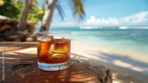 Glass of Cocktail Background of Beautiful Beach