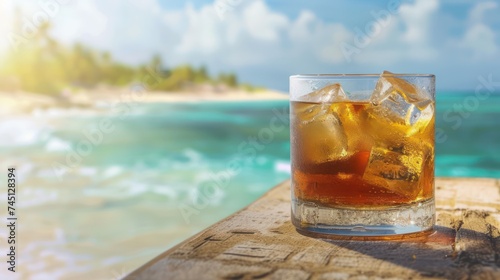 Glass of Cocktail Background of Beautiful Beach