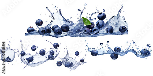 Collection of blueberry with water splash isolated on a white background as transparent PNG