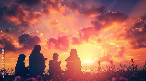 Family in Prayer at Sunset  Silhouettes against a Vivid Sky in a Field of Wildflowers - Spiritual Moments in Nature Stock Photo.