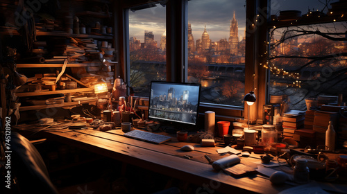 Cozy workspace with computer on desk, city fairy lights and books, creative atmosphere