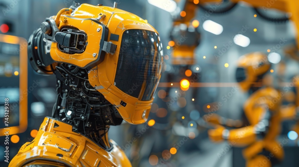 A robot is standing motionless in the center of a room used for welding robotics automation. The robot appears to be ready for its next task, with its sensors and mechanical components visible. A robot is standing motionless in the center of a room used for welding robotics automation. The robot appears to be ready for its next task, with its sensors and mechanical components visible.