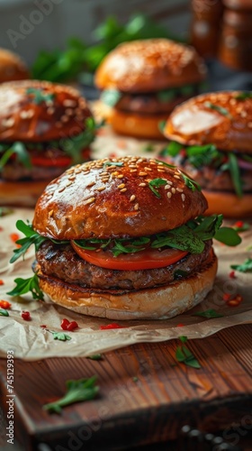 A collection of delicious hamburgers neatly arranged on a wooden cutting board, ready to be served and enjoyed.