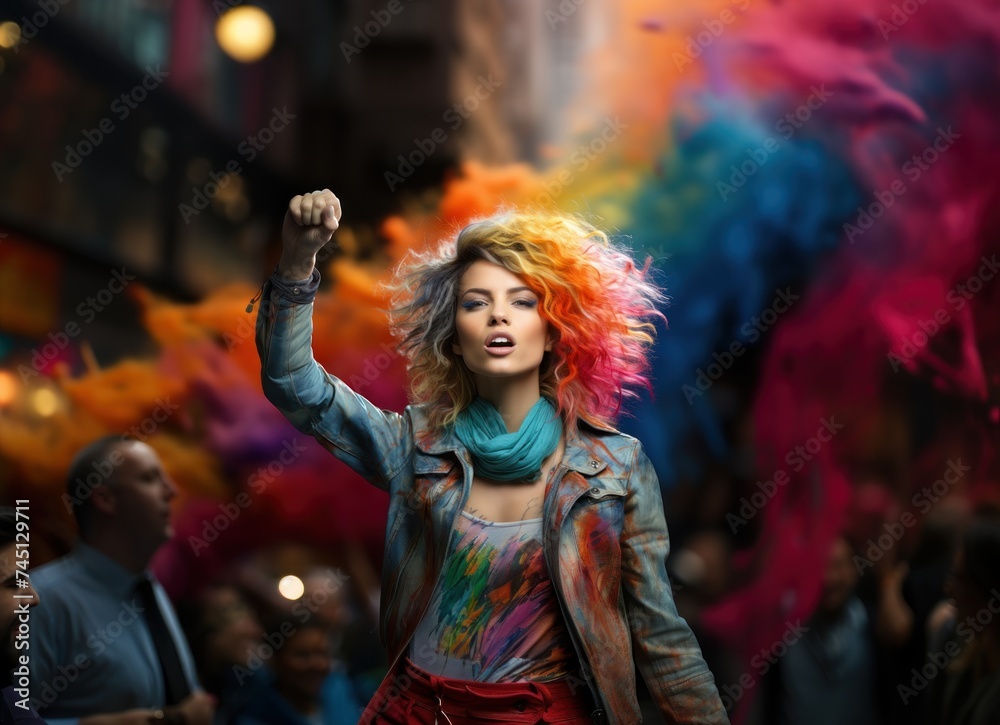 An informal girl with bright hair against a rainbow background of a colored house and a crowd of people in the city. Fight for the rights of minorities and women.