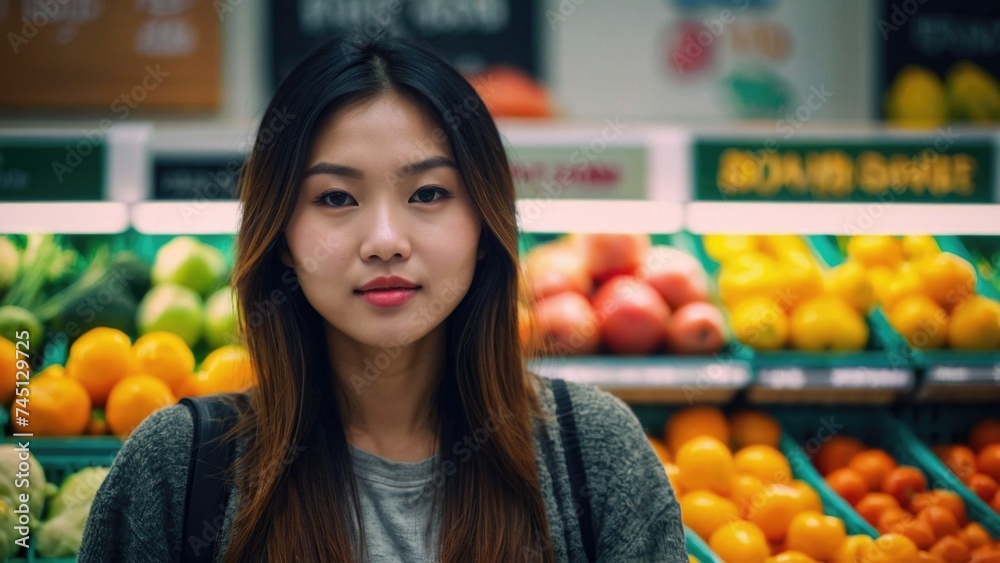 A beautiful woman in the Fresh Produce Section of the Store A beautiful woman in the Fresh Produce Section of the Store