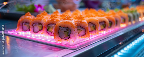 Digital art concept of sushi with glowing edges and dynamic light particles, representing modern cuisine technology