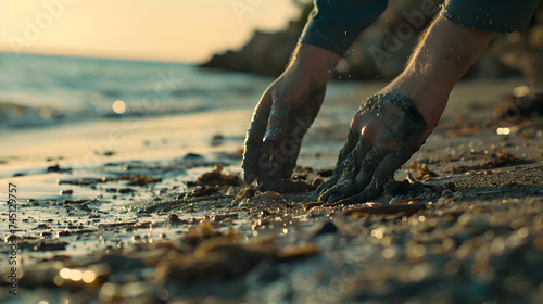 A pair of hands tenderly cleaning up a polluted shoreline, emphasizing the significance photo