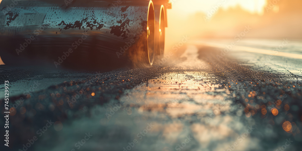 Asphalt Roller at Work. Close-up of asphalt compactor roller machine at work during road construction, texture of hot asphalt, copy space. - obrazy, fototapety, plakaty 