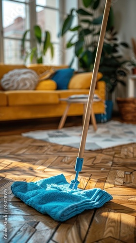 A blue cloth is placed on top of a mop lying on the floor, indicating a cleaning process with foam cleanser.