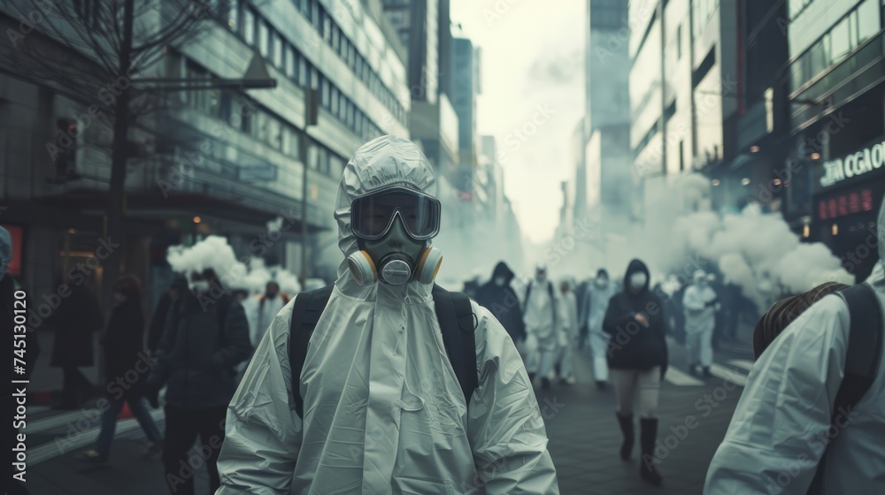 A man wearing a white suit and gas mask stands on a city street.