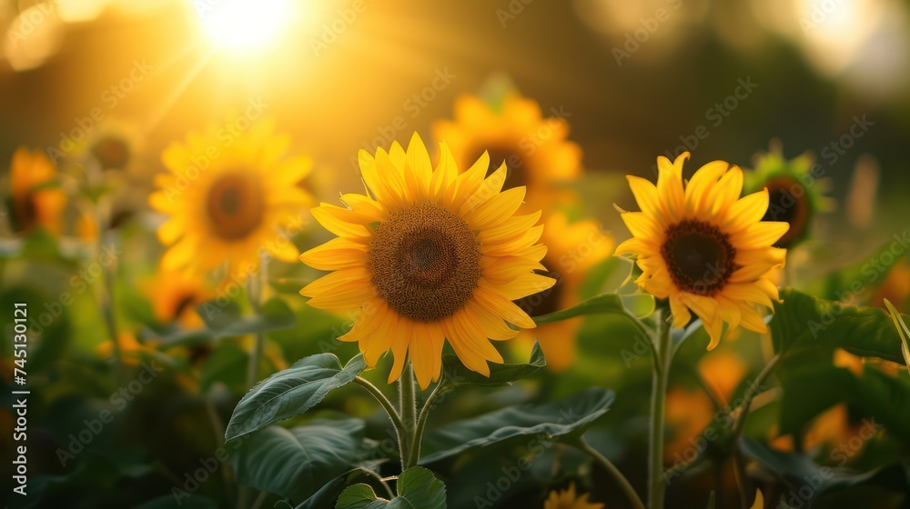 Fototapeta premium Sunflower field in warm sunshine