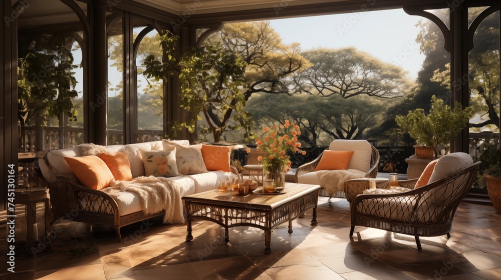 Fototapeta premium An outdoor sanctuary with soft peach and burnt sienna patio furniture