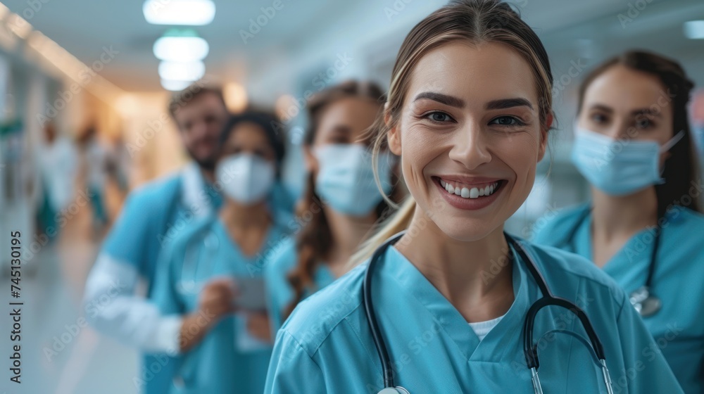 A front view of a group of nurses in scrubs and masks standing together in a medical setting.