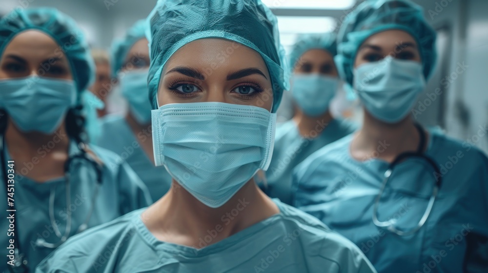 A group of doctors wearing scrubs and masks in an operating room, focused on surgical procedures.