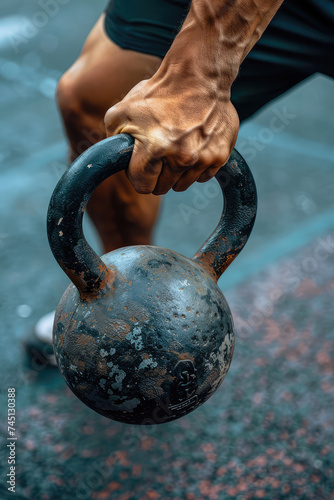 Grasping Strength, Kettlebell Workout. Close-up of male muscular arm gripping heavy kettlebell on simple background with copy space, weight in hand.