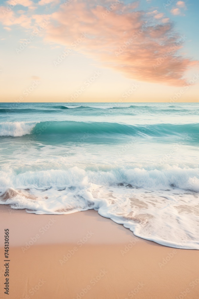 A peaceful beach scene with gentle waves and a clear sky, capturing the essence of a calming ocean breeze A peaceful beach scene with gentle waves and a clear sky, capturing the essence of a calming ocean breeze