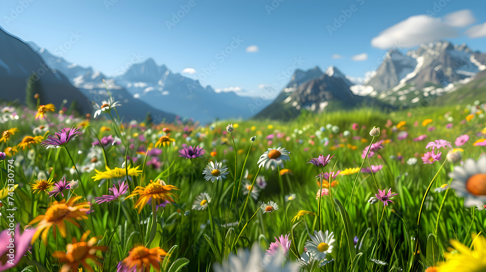 A panoramic view capturing a vast meadow adorned with a myriad of colorful wild flowers swaying gently in the breeze under a clear blue sky