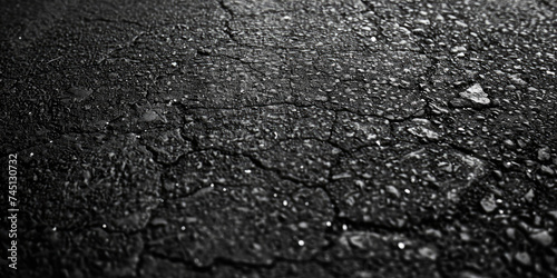 Textured Asphalt surface with copy space. A detailed black close-up texture of asphalt, rough surface and granular composition. photo