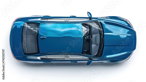 An overhead perspective of a modern blue sports car sedan captured from the top with a drone, showcasing the sleek design and vibrant color.