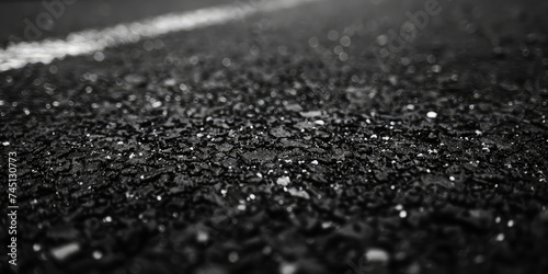 Textured Asphalt surface with copy space. A detailed black close-up texture of asphalt, rough surface and granular composition. photo