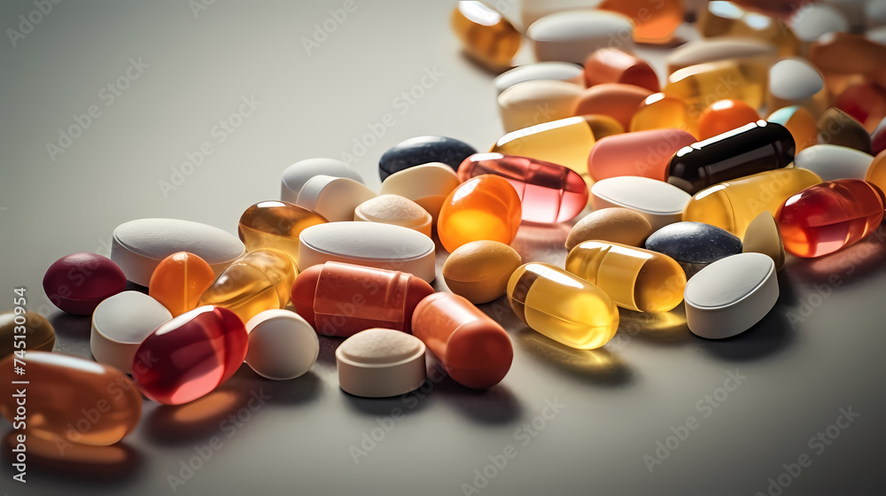 Health essentials, close-up of pills and capsules