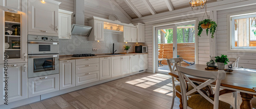 spacious bright kitchen interior in a modern cottage