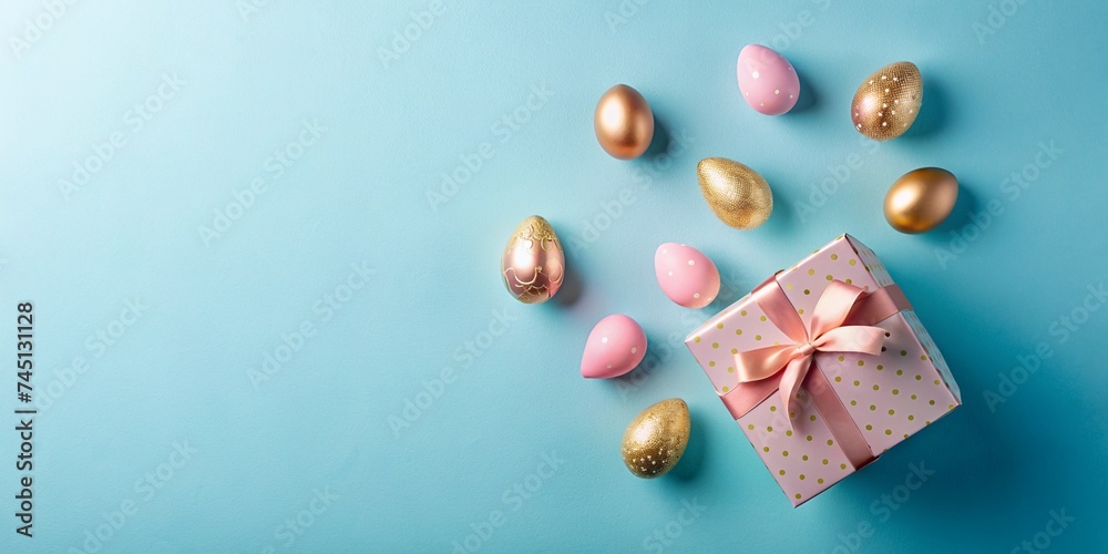 Easter eggs of gold and pink color flying out of a gift box on a blue background, minimal creative Easter layout for congratulations. Banner with copy space. Easter eggs of gold and pink color flying out of a gift box on a blue background, minimal creative Easter layout for congratulations. Banner with copy space.