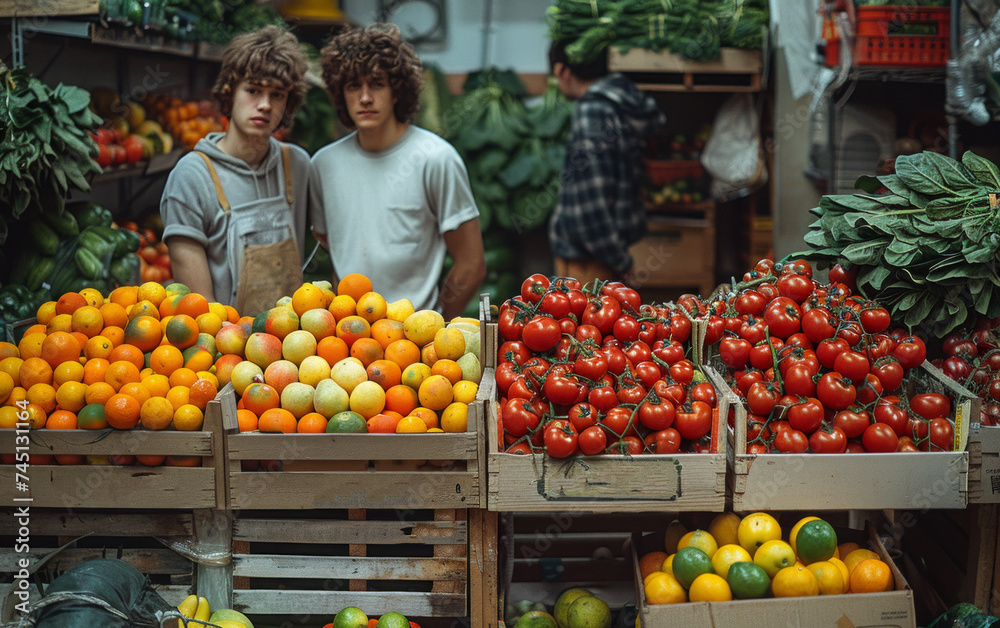 Two young men stand behind crates of tomatoes at farmers market.