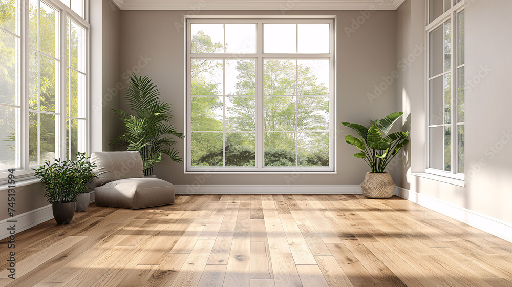 Bright empty room with hardwood floors, large windows, and green plants in pots Bright empty room with hardwood floors, large windows, and green plants in pots